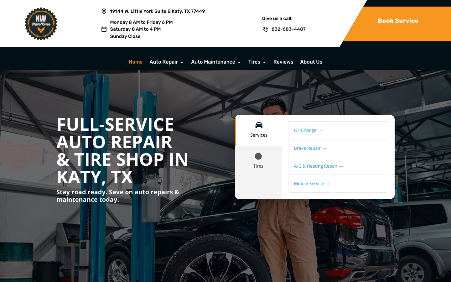 Northwest Express Auto Care homepage on desktop with address, hours, phone and orange Book Service button in the header, captured October 3 2026